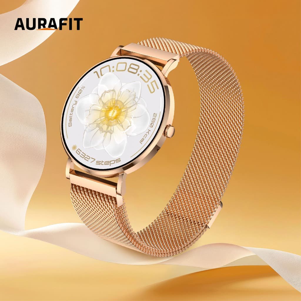 AuraFit ELLA 3 AM28 Smartwatch – Gold with Metal Chain Strap